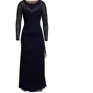XSCAPE Lace Bodice Ruched evening dress